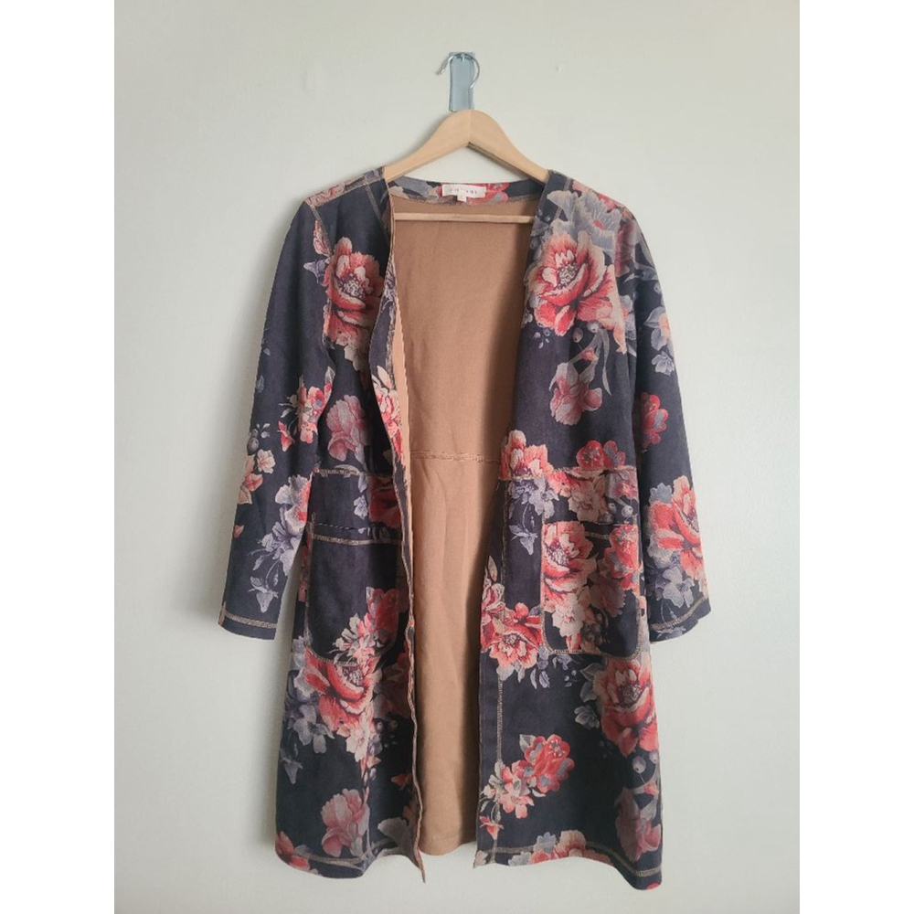 Solitaire Floral Faux Suede Open Front Duster Cardigan Size Large